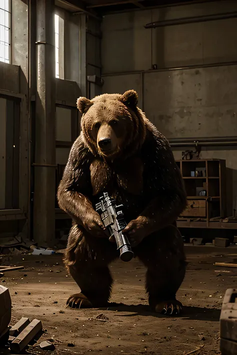 A grizzly bear standing on hind legs, holding a machine gun and wearing armor, overlooking a battlefield of broken and shot military equipment