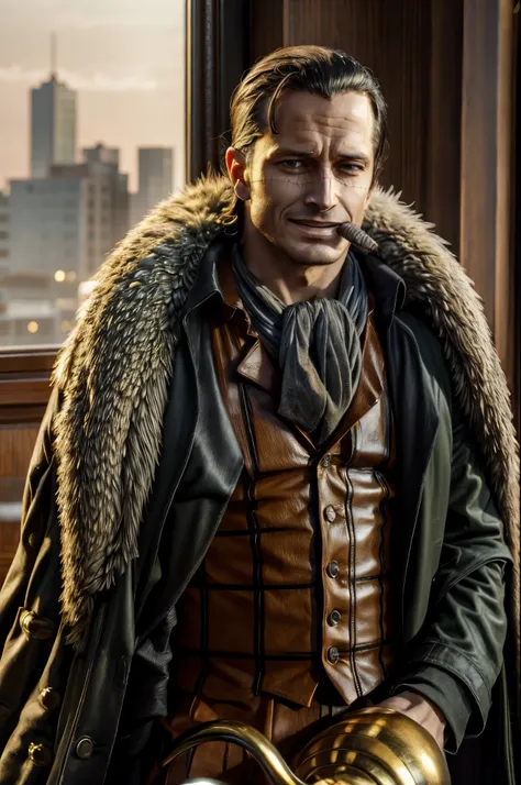 masterpiece, best quality, extremely detailed, hyperrealistic, photorealistic, a cool 40s man, ultra detailed face:1.2, fur-trimmed coat, scarf around the neck, his left hand is a golden pirate hook:1.1, distant view shot, modern office:1.2, reading book, ...