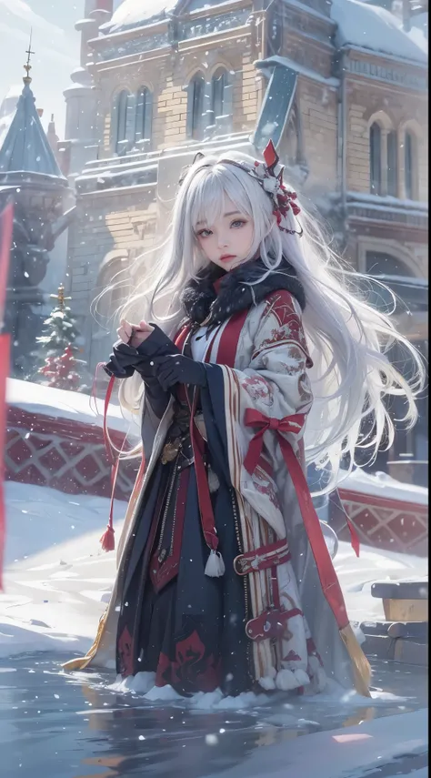 (8K, RAW photogr, realistically:1.4)， A high resolution, 1 Women, Alone,。.。.。.。.。.，sitted,(Lolita costume)，Wear a flowing skirt， pretty eyes, White hair, eye socket, (sitted，redcloak，blanketed in a mantle of snow，Blizzarding:1.3)，Ski slopes，Outside the cas...