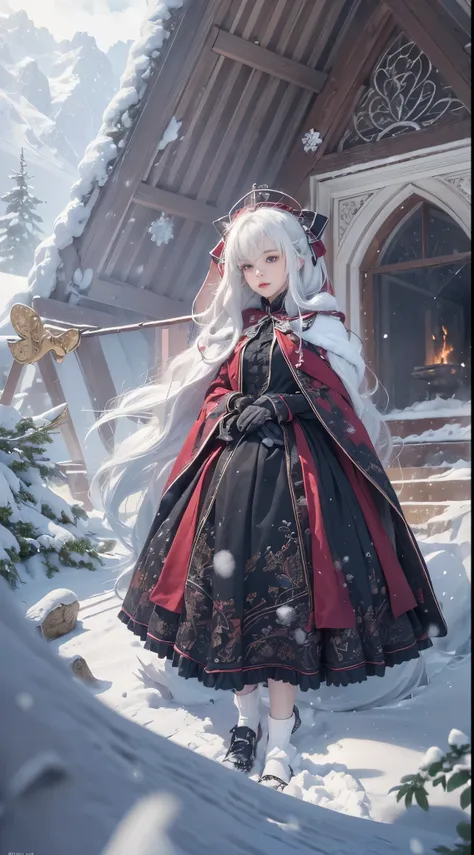 (8K, RAW photogr, realistically:1.4)， A high resolution, 1 Women, Alone,sitted,(Lolita costume)，Wear a flowing skirt， pretty eyes, White hair, eye socket, (sitted，redcloak，blanketed in a mantle of snow，Blizzarding:1.3)，Ski slopes，Outside the castle，Correct...