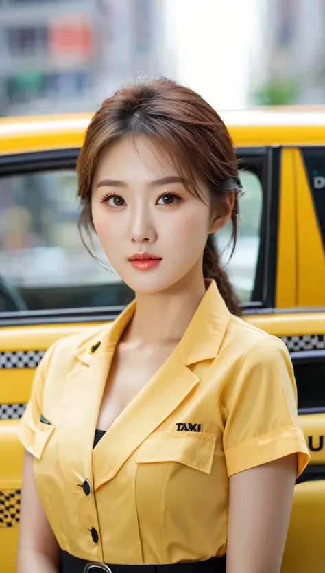 close-up of beautiful korean female, 34 inch breasts size, wearing fitting taxi driver uniform suitable for summer, against the taxi car, bokeh background , UHD