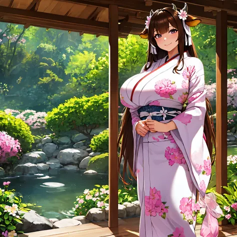 a woman wearing a white kimono, with a pink flower design on the kimono, big breasts, long brown hair, cow ears, horns, in a Japanese garden, smiling, HDR, ultra resolution, well defined, masterpiece, 8K HD. (solo woman)
