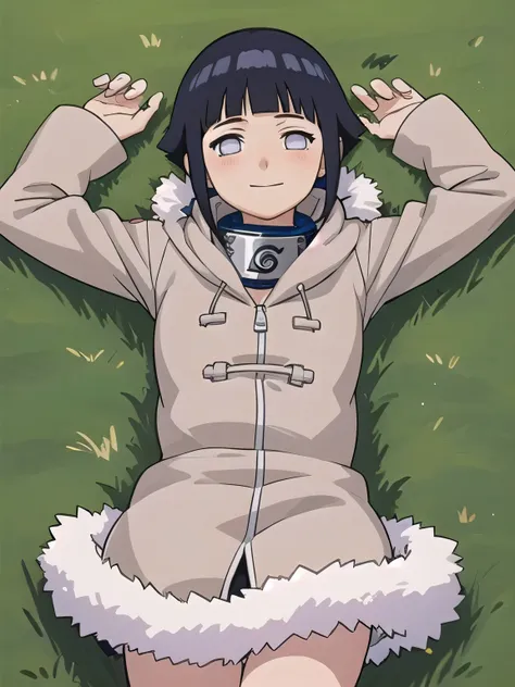 masterpiece, best quality,
1girl,  hyuuga hinata, black hair, short hair, white eyes,  no pupils, coat, forehead protector, fur ...