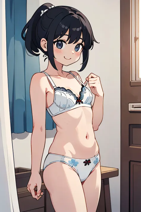 NSFW、In the best quality、Teenage girl standing in a room。In high resolution、Beautiful details、Quiet atmosphere。Black hair ponytail、Cute Smile.。Small breasts、Cute floral white bra、Wearing white panties with a cute floral pattern。