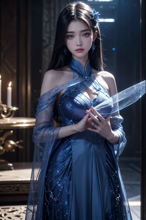 Full figure, seven -clinging shooting, 18 years old, wearing transparent science fiction clothes, exquisite faces, details, hands, ultimate details, amazing magnificence, LED internal lighting, Pedaipan style, fiber hair, glowing blue iris, glowing blue ir...