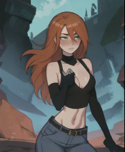 Original art, linear, ink, One, green eyes, long hair, orange hair, Kim, May be, jeans, black top, black gloves, medium reef, belt, Night Sky Background, sexual expression, blush, hearts in the eyes, , unbuttoned