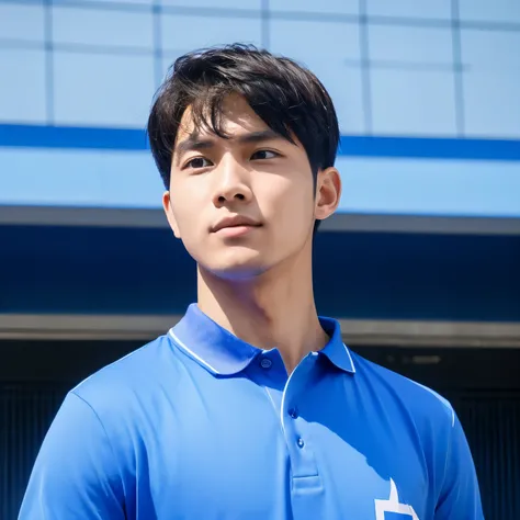 Create an AI Character image of a male student wearing a blue shirt with the words "Padillah" on his shirt. He has characteristics like a Korean person, who is currently being a model advertising a blue bottled drink with the brand "POCARI SWEAT" and the b...