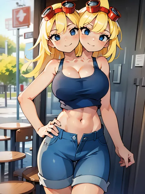 best quality, (masterpiece),(ultra-detailed), (high quality), (high resolution), ((2heads:1.5)), best quality:1.5, highres, UHD, 16K), smiling, highres, masterpiece, (blonde hair), (cleavage), (black crop top), medium long hair, ((blue denim shorts:1.5)), ...