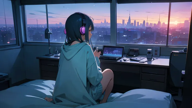 (From behind), Anime girl sitting in front of a computer in a cozy bedroom, Girl listening to music in her cozy room (night), Using headphones, On the roof, (beautiful night views from windows), lots of things, 2D Anime Style, 90s anime aesthetics, Lo-Fi, ...