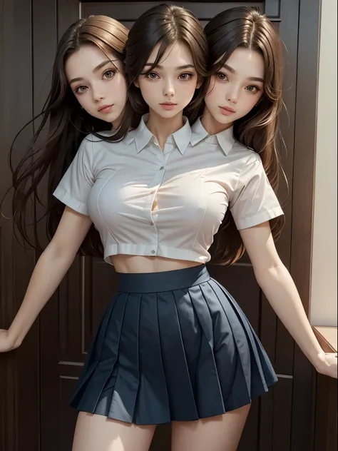 (extremely detailed CG:1.2), (masterpiece:1.2), (best quality:1.2),,((absurdres)),looking at viewer,full body,(long hair),(mathayom uniform),(white shirt short sleeves),(navy_blue pleated skirt),(long skirt),dynamic angle,standing,dynamic pose,((Delicate f...