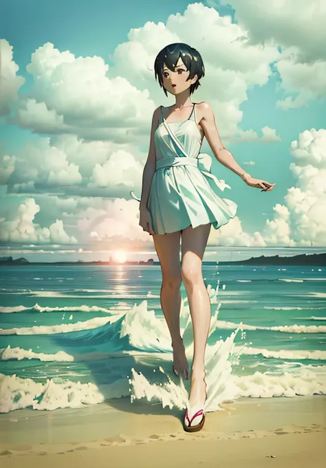  Japanese cartoons andando na praia em um vestido branco, Anime girl walking on water, ( ( Shinkai Makoto ) ), Blue Sea. por Shinkai Makoto, Shinkai Makoto!!, Shinkai Makoto!, Estilo de Shinkai Makoto, Japanese cartoons. por Shinkai Makoto, stormy weather....