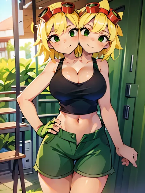 best quality, (masterpiece),(ultra-detailed), (high quality), (high resolution), ((2heads:1.5)), best quality:1.5, highres, UHD, 16K), smiling, highres, masterpiece, (blonde hair), (cleavage), (black tank top), medium long hair, ((green denim shorts:1.5)),...