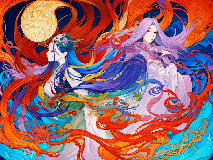 a painting of a woman with long hair and a flower in her hand, korean art nouveau anime, japanese goddess, flowing hair and long...