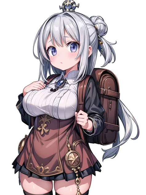 (girl:1.2), (silver hair:1.2), (large breasts), (pixiv masterpiece:1.2), (fantasy traveler merchant heavy clothing backpack:1.3)...