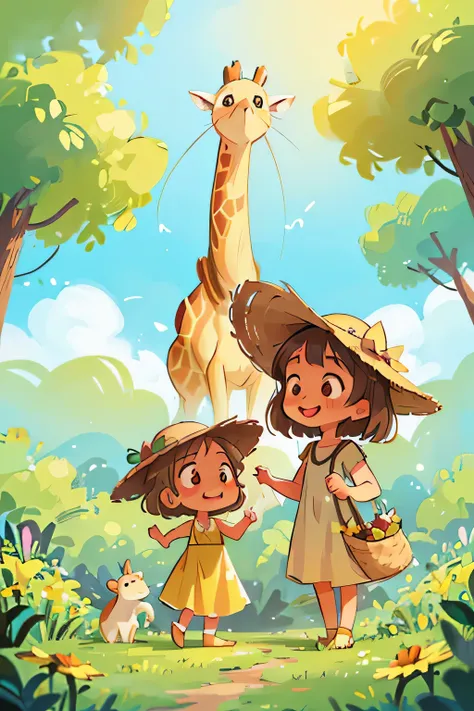 Two elegant sisters, their radiant smiles beaming, pose gracefully next to a majestic giraffe in a serene savannah setting. The older sister, with wavy chestnut curls cascading down her shoulders, wears a chic sun hat and a flowing blue maxi dress. Her you...