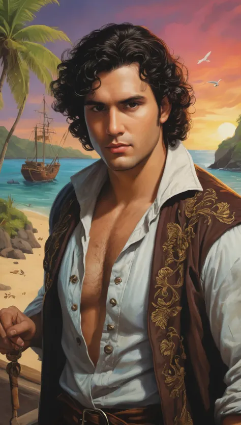 An illustrated movie poster of a man, 28 years-old, wearing a pirates coat, stocky, soft doughy physique, deep brown eyes, wide bulbous nose, full lips, black hair, curly swept-back hair, thick bushy eyebrows, extremely hairy chest, stomach, and arms, lots...