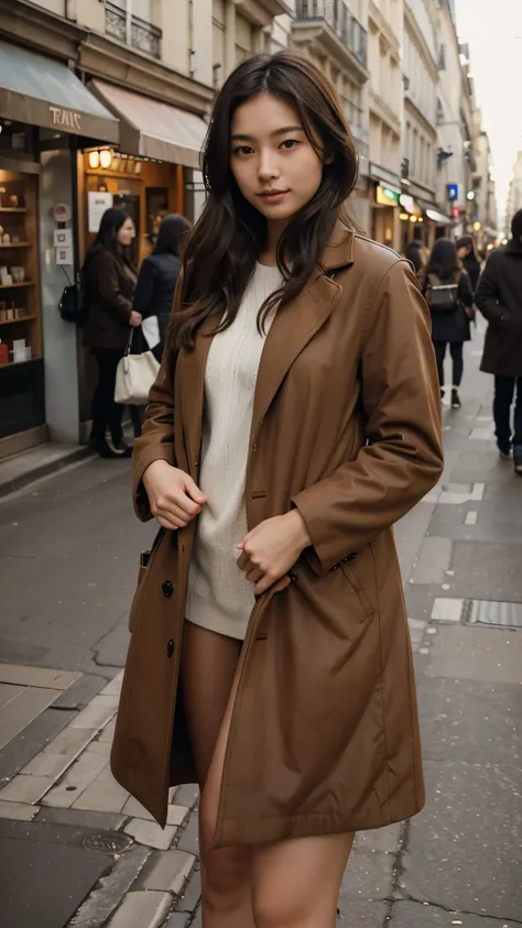 a beautiful and sexy 20 years old japanese woman wearing a brown coat in the street of Paris