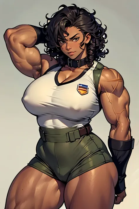 1 girl, very strong body, dark skin, soldier clothes, huge breasts, thick thighs, curly hair , (Very muscular),  (strong arms), scar in the face