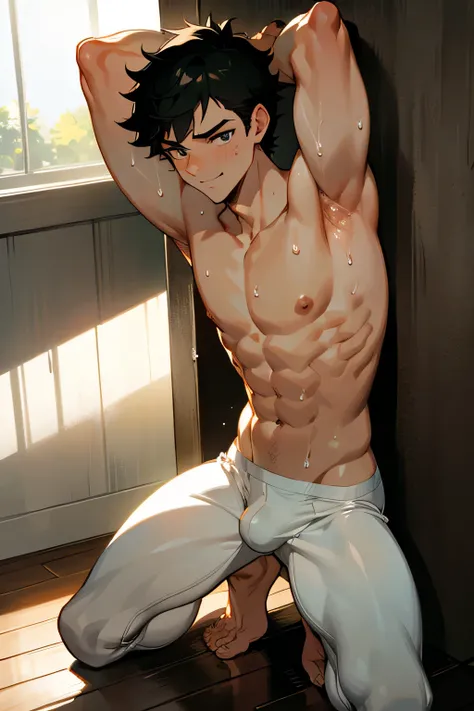 handsome manly short black hair caucasian male in white underwear, his arms raised, behind a wall, in the center of the wall, kneeling, shirtless, sweating profusely, drenched with sweat, awkward smile, in the bedroom