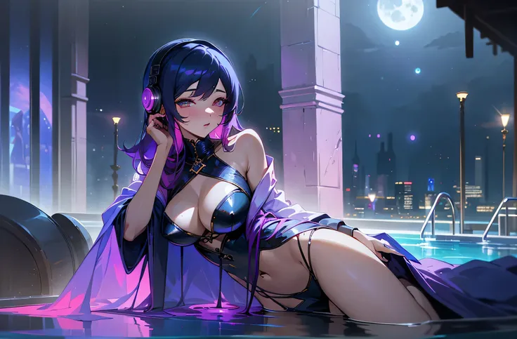 A woman wearing a bathrobe and headphones is lying by the pool、A beautiful night view behind、big breasts、sexy、Indoor pool with a night view、moonlight、exposed、Downlight、full moon、Stylish interior、Ruby Eye