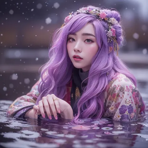 snow hoop exclusion area 32k（tmasterpiece，k hd，hyper hd，32k）long flowing purple-pink hair，autumn pond，zydink， a color， tongzhou ...