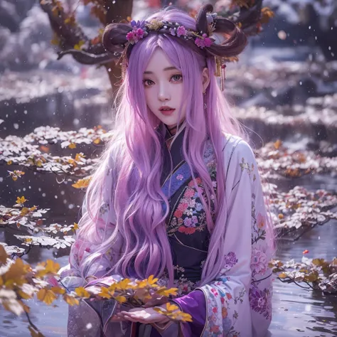 snow hoop exclusion area 32k（tmasterpiece，k hd，hyper hd，32k）long flowing purple-pink hair，autumn pond，zydink， a color， tongzhou ...