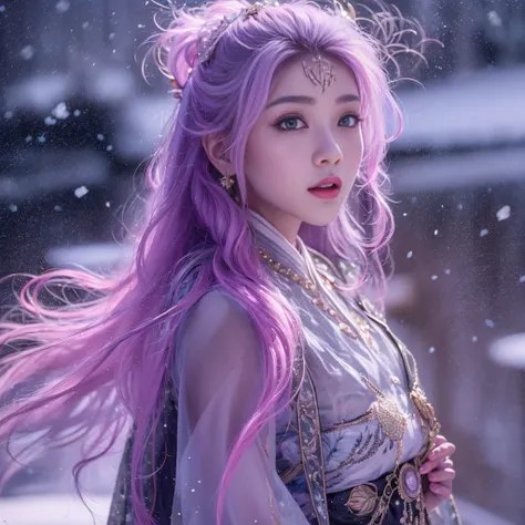 snow hoop exclusion area 32k（tmasterpiece，k hd，hyper hd，32k）long flowing purple-pink hair，autumn pond，zydink， a color， tongzhou ...