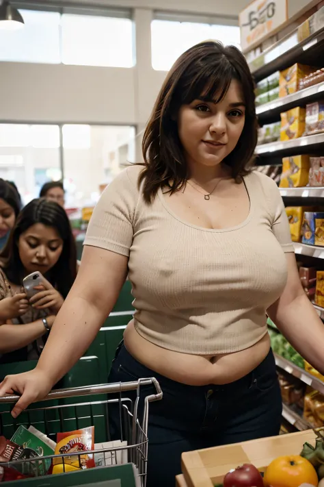 A big chubby girl running a grocery store register with wierd people in line