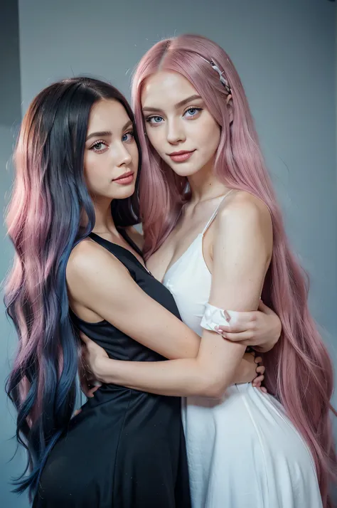 Two girls together, one with long flowing pink hair, her eyes wide and making a slightly sad eye shape, pink eyes, light skin, light lipstick, wearing a white dress, 155 feet tall, smiling and hugging another girl with long dark blue hair, sharp features, ...