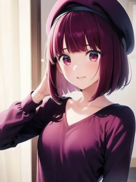 1 girl, Graduation Bob, Straight Short Hair,  Medium Violet Red Hair, Medium purple red eyes, Big droopy eyes, Small beret, Genius actor