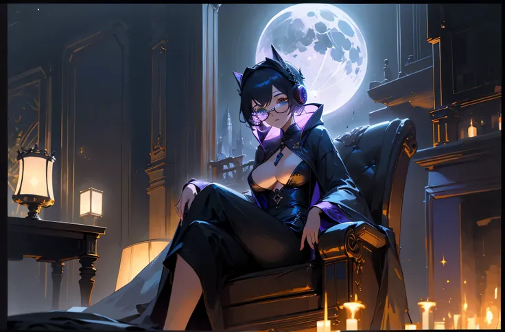 A woman wearing a bathrobe and headphones is sitting on a sofa、A beautiful night view behind、big breasts、sexy、Room with a night view、moonlight、exposed、Downlight、full moon、Stylish room with fireplace、black tabby glasses