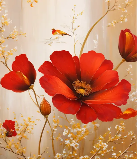 pintura de Red flowers em um fundo dourado com um fundo branco, red, pawpaw, vibe de Red flowers celestiais, Red flowers, Red and gold details, Flores and Ouro, Flower of Euro, Bitter and Dorado, golden flower, Gold and red, Sakimi, Elegant and exquisite p...