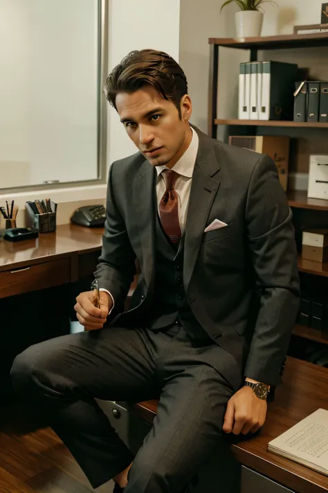 A man in three piece suit sitting behind a big desk in a corner office