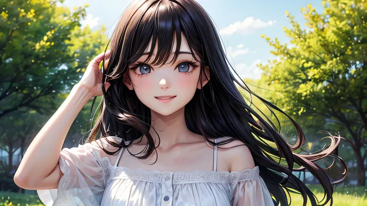 Summer clothes、White dress、Beautiful girl、one person、smile、Detailed facial depiction、Detailed hair depiction、Black Hair、Long Hair、Summer sunshine、evening、grassland