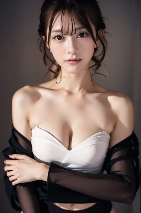 (very detailed CG Unity 8k wallpaper,Tabletop, highest quality, Very detailed), Gray background, A 26-year-old woman living in Japan, Sexy 26 year old woman, bust enhancement:1.2, Swimwear, Improve body line,