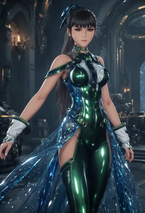 a woman in a green and blue costume standing in a dark room, eve, stellar blade, alluring elf princess knight, unreal engine ren...