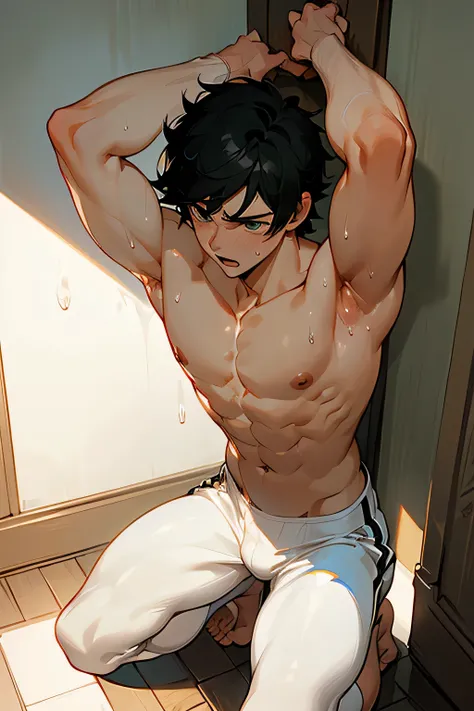 handsome manly short black hair caucasian male in white boxers , his arms raised, behind a wall, in the center of the wall, kneeling, shirtless, sweating profusely, drenched with sweat, exhausted, panting, in the bedroom
