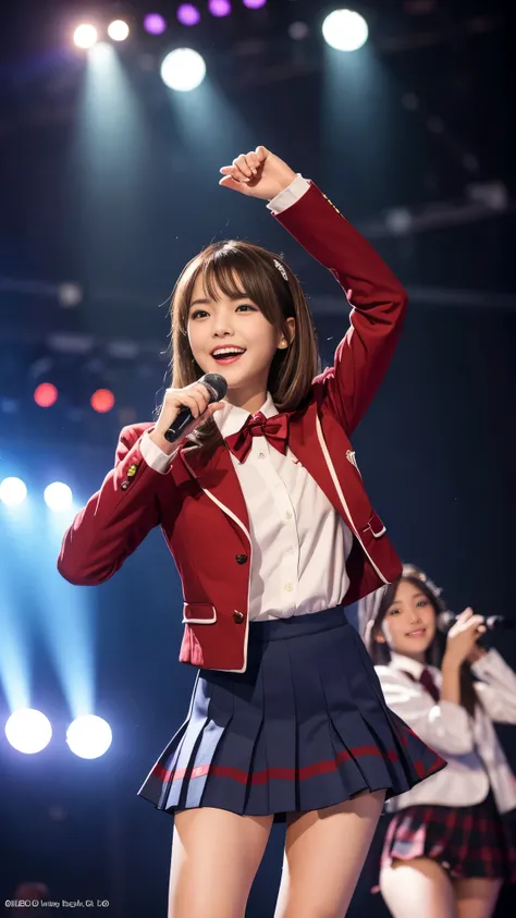 highest quality,masterpiece,Ultra-high resolution,(Actual:1.4),Original photo,Ultra-high resolution，8K，Wearing Nogizaka46 stage costumes，Fancy makeup with red eyeshadow，Big laughing smile，Short cut with delicate brown hair，A live costume of a high school g...