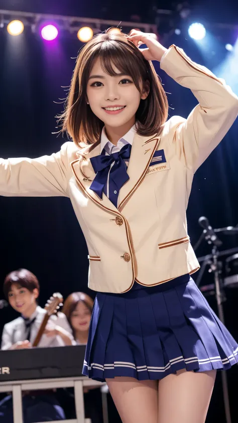 highest quality,masterpiece,Ultra-high resolution,(Actual:1.4),Original photo,Ultra-high resolution，8K，Wearing Nogizaka46 stage costumes，Fancy makeup with red eyeshadow，Big laughing smile，Short cut with delicate brown hair，A live costume of a high school g...