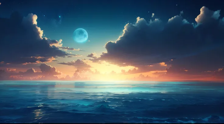 arafed view of a sunset over the ocean with a moon, fantasy sea landscape, big moon above the water, moonlit ocean, calm ocean landscape, refracted moon on the ocean, beautiful ocean, turquoise horizon, ocean on alien planet titan, beautiful wallpaper, mag...