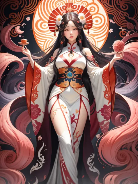 a painting of a woman with long hair and a flower in her hand, korean art nouveau anime, japanese goddess, flowing hair and long robes, anime fantasy illustration, inspired by Sōami, akira from chinese mythology, japanese art style, a beautiful kitsune wom...