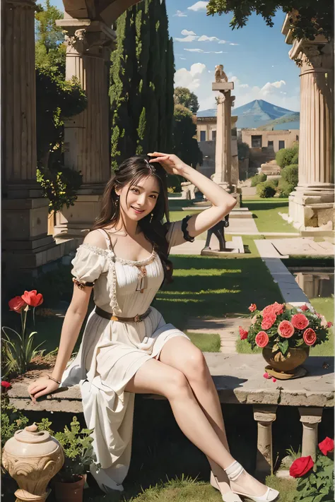 full body portrait or statue、Giorgione painting style,Arguments of two female Philosophe,math、astronomical machine、astronaut、roses in vase、fruits、Cute trinkets、smile、ancient greek costume、Ancient Roman landscape in the style of Nicolas Poussin,laughter,,Sw...