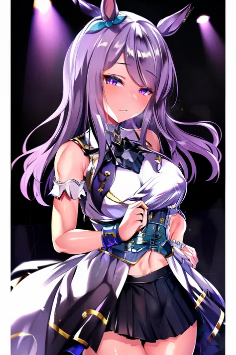 (masterpiece, best quality:1.2), 1girl, solo, Mejiro McQueen, Mejiro McQueen(umamusume), silver hair, long hair, horse ears, horse girl, long hair, glowing eyes, layered skirt, (dark magical girl), corruption, combatant, pelvic curtain, looking at viewer, ...