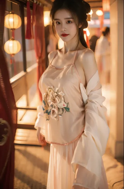 1 girl,(best quality, masterpiece:1.2), Super detailed,Solo selfie,off shoulder dress,Chinese Princess, (Pink belly pocket) ( Hanfu:1.3, ),Vision,Background Bokeh
