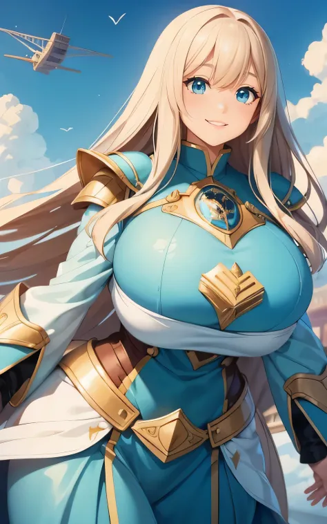 A beautiful woman with very long hair and a gentle smile and a beautiful flying skyship in the background,((majic armor is huge inflated )) ,huge bust body style ,japan artist yoshitaka amano. style illust,