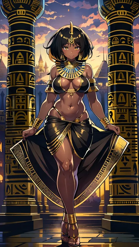 4K Quality, (sexy black woman), (big smile), ((standing up, hand on hip)), ((black and gold egyptian dress)), ((black and gold egyptian hair)), ((gold eyes)), ((dark skinned)), thick thighs, big breasted, big ass, (looking at viewer), (((in the black and g...