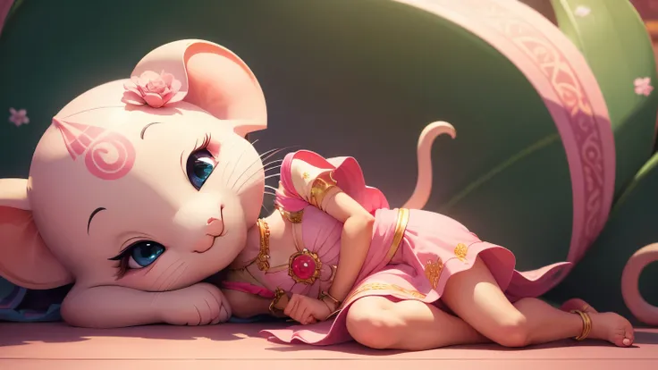 cute ganesh，Wear a pink dress.，smile，very long eyelashes，There was a cute little mouse next to me., art deco, Highly detailed, concept art, Romance lies, Colorful Ghibli style, animation style，close up, macro photography, 8k, super details, precise, best q...