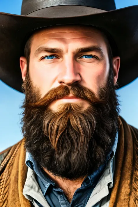 cowboy portrait, arthur morgan, blue eyes, black hat, giant beard