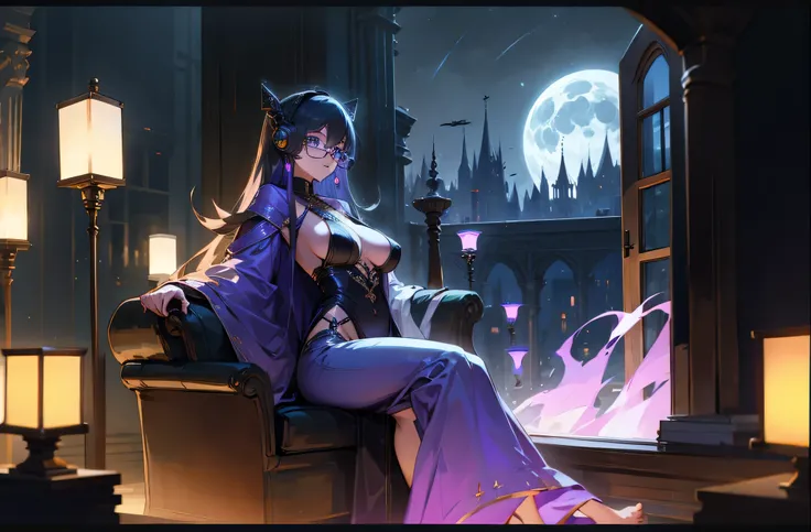 A woman wearing a bathrobe and headphones is sitting on a sofa、A beautiful night view behind、big breasts、sexy、Room with a night view、moonlight、exposed、half naked、Downlight、full moon、Stylish room with fireplace、black tabby glasses、silver hair