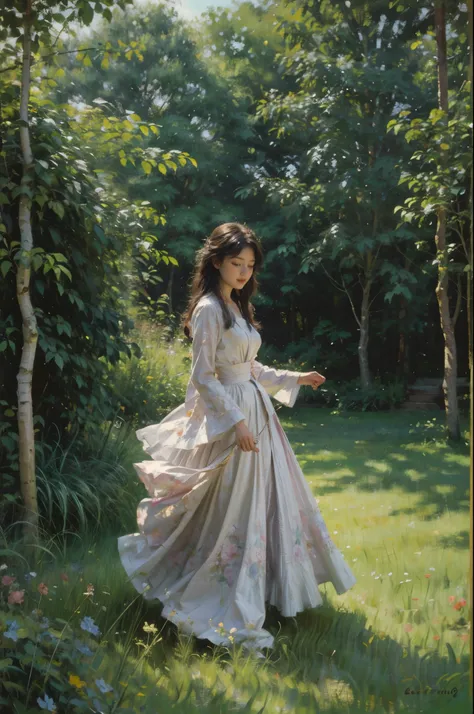 A girl with long, flowing dark hair and vibrant blue eyes stands in a beautiful garden surrounded by colorful flowers and lush greenery. She is wearing a flowing white dress that dances in the gentle breeze. The sunlight filters through the leaves, casting...